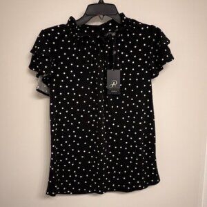 Adrianna Papell Printed Knit Double Flutter Blouse Black with White Spot Small